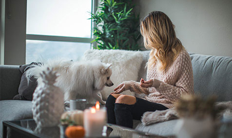 Woman relaxes on couch with dog