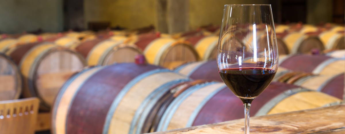 Red wine in a glass with vats in the background