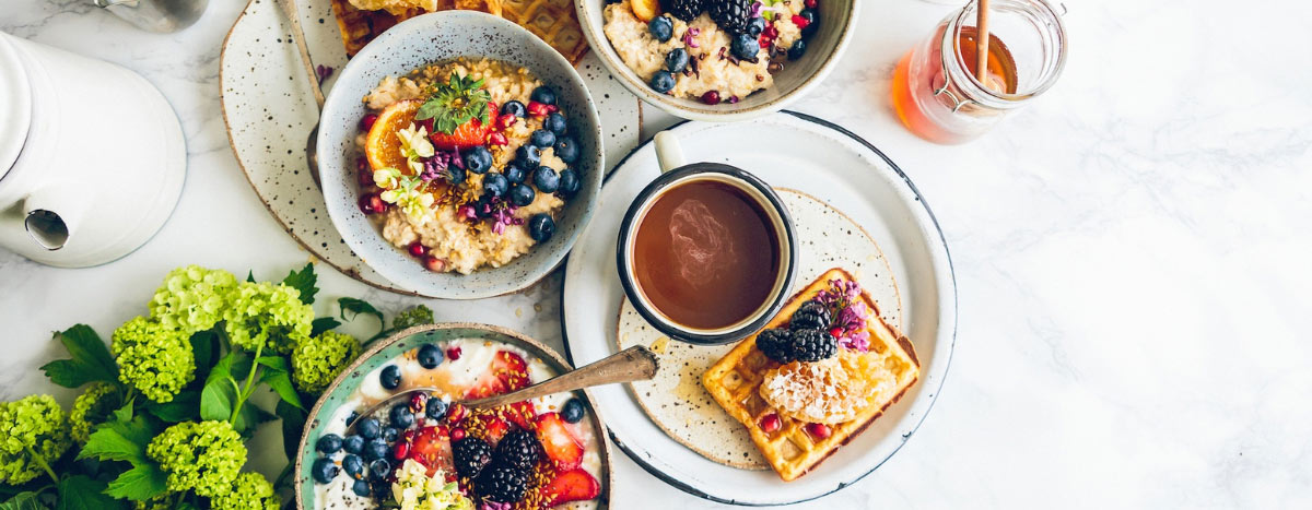 A breakfast spread, seen from above