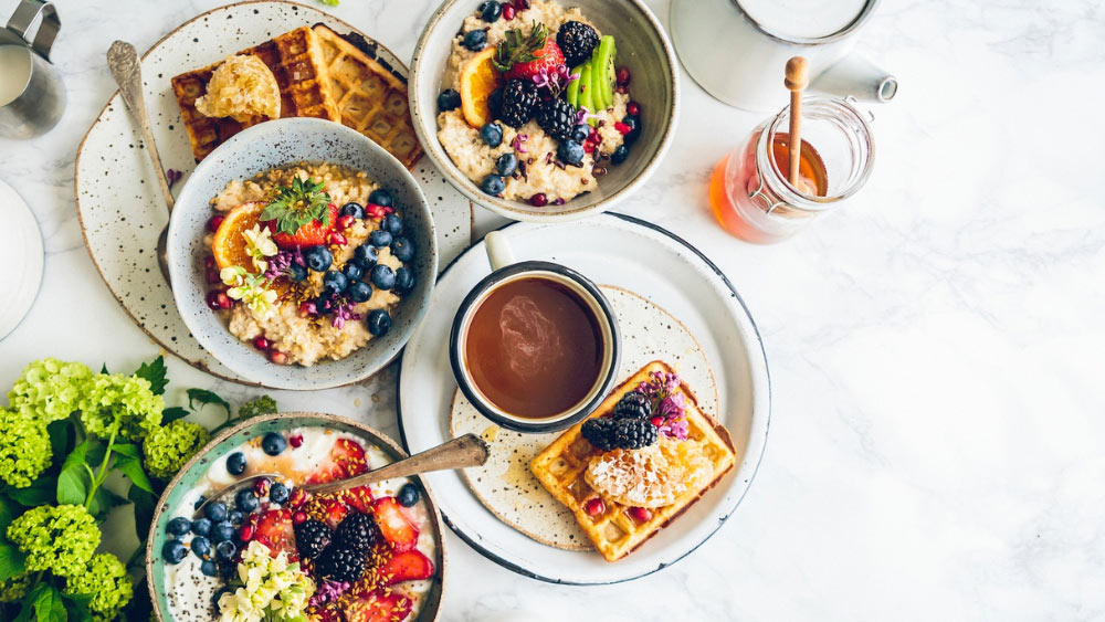 A breakfast spread seen from above
